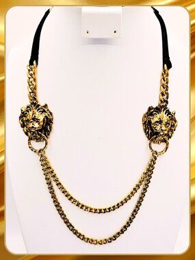 Gold Lion Head Statement Necklace Double Chain Black Cord Bold Vintage Style P&B